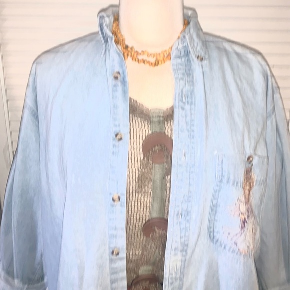 90s Light Blue Denim Shirt with Angel and dove patches long sleeve button down S - Picture 4 of 12